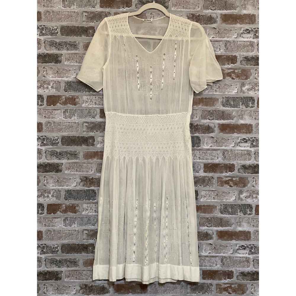 1920s John Wanamaker Dress‎ White Sheer Hand Smocked, Sewn, Lace